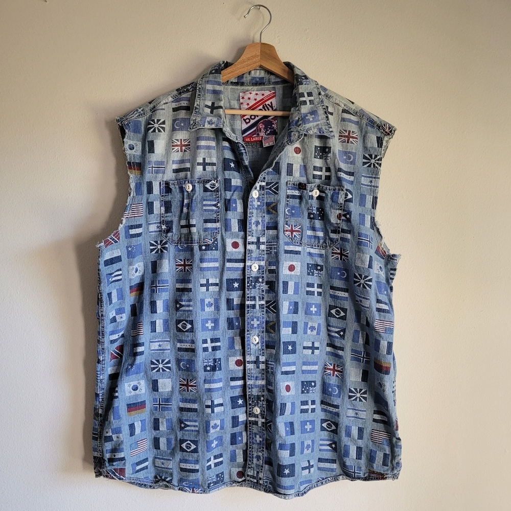 Motorcycle Bike Vest Shirt Born Fly Size3xl World Flags Distressed Botton Down